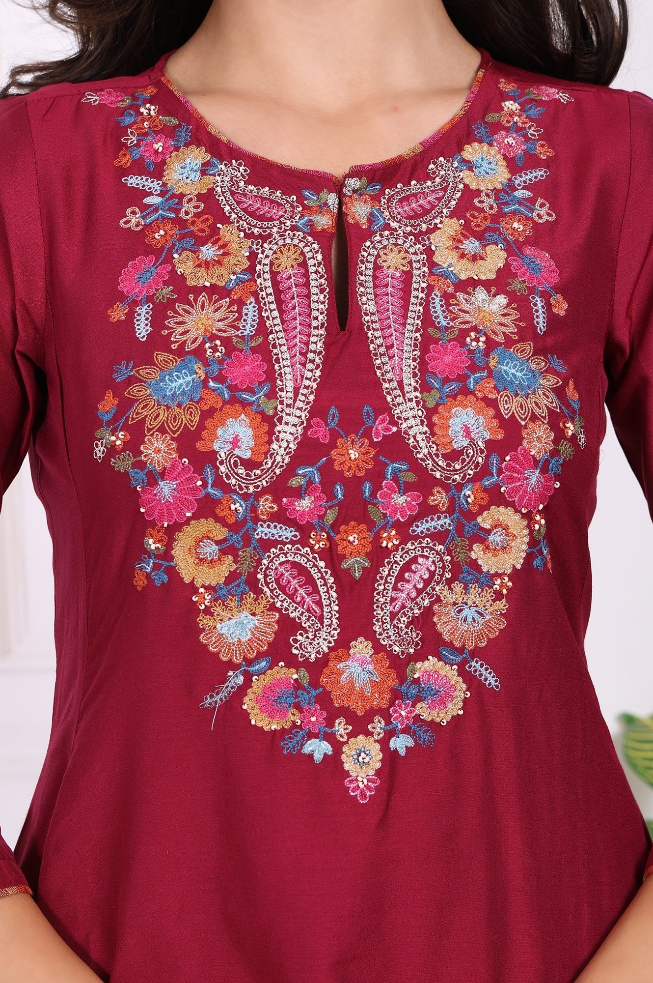 W for Woman Maroon Embroidered Flared Kurta