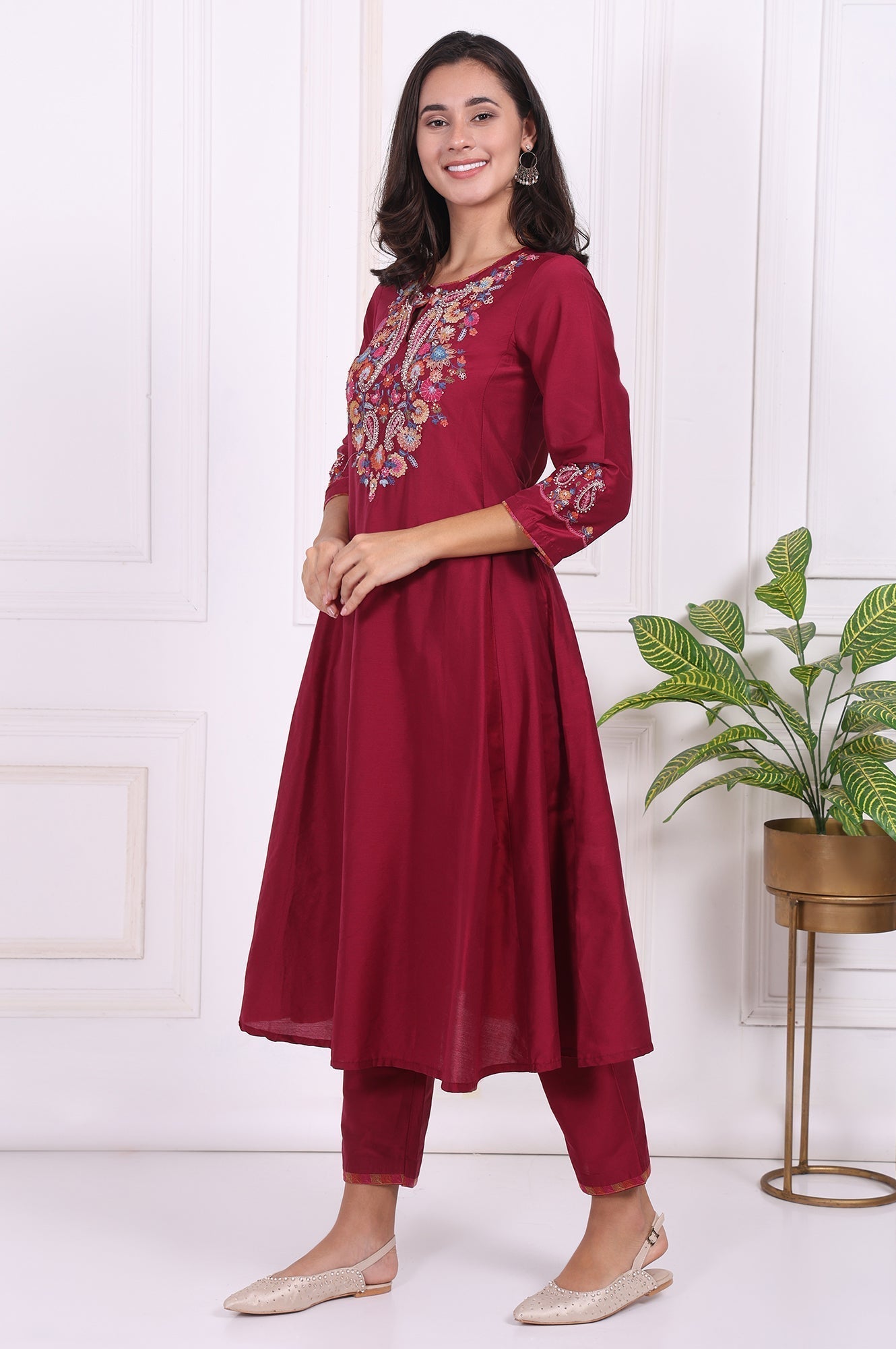 W for Woman Maroon Embroidered Flared Kurta