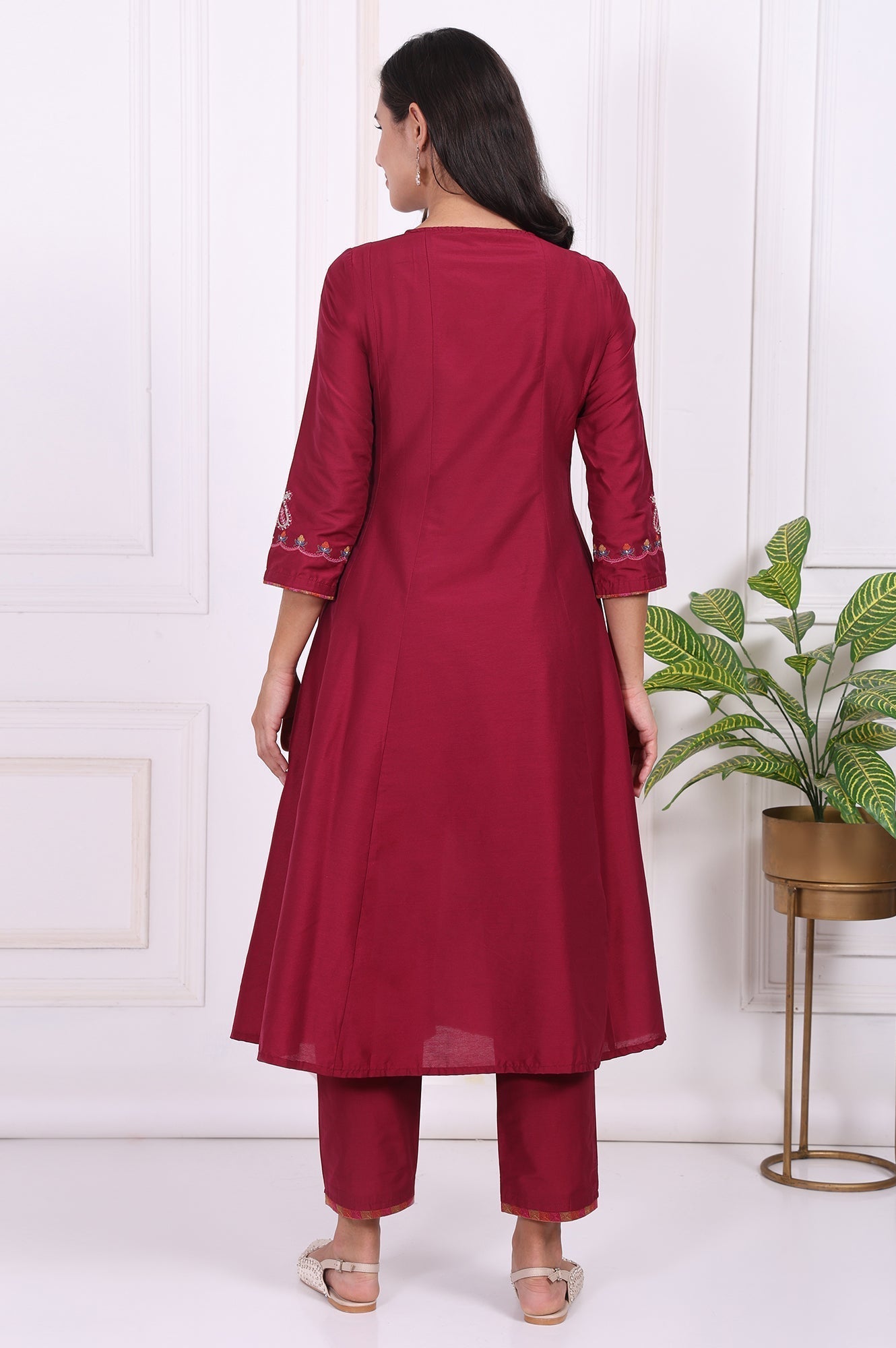 W for Woman Maroon Embroidered Flared Kurta