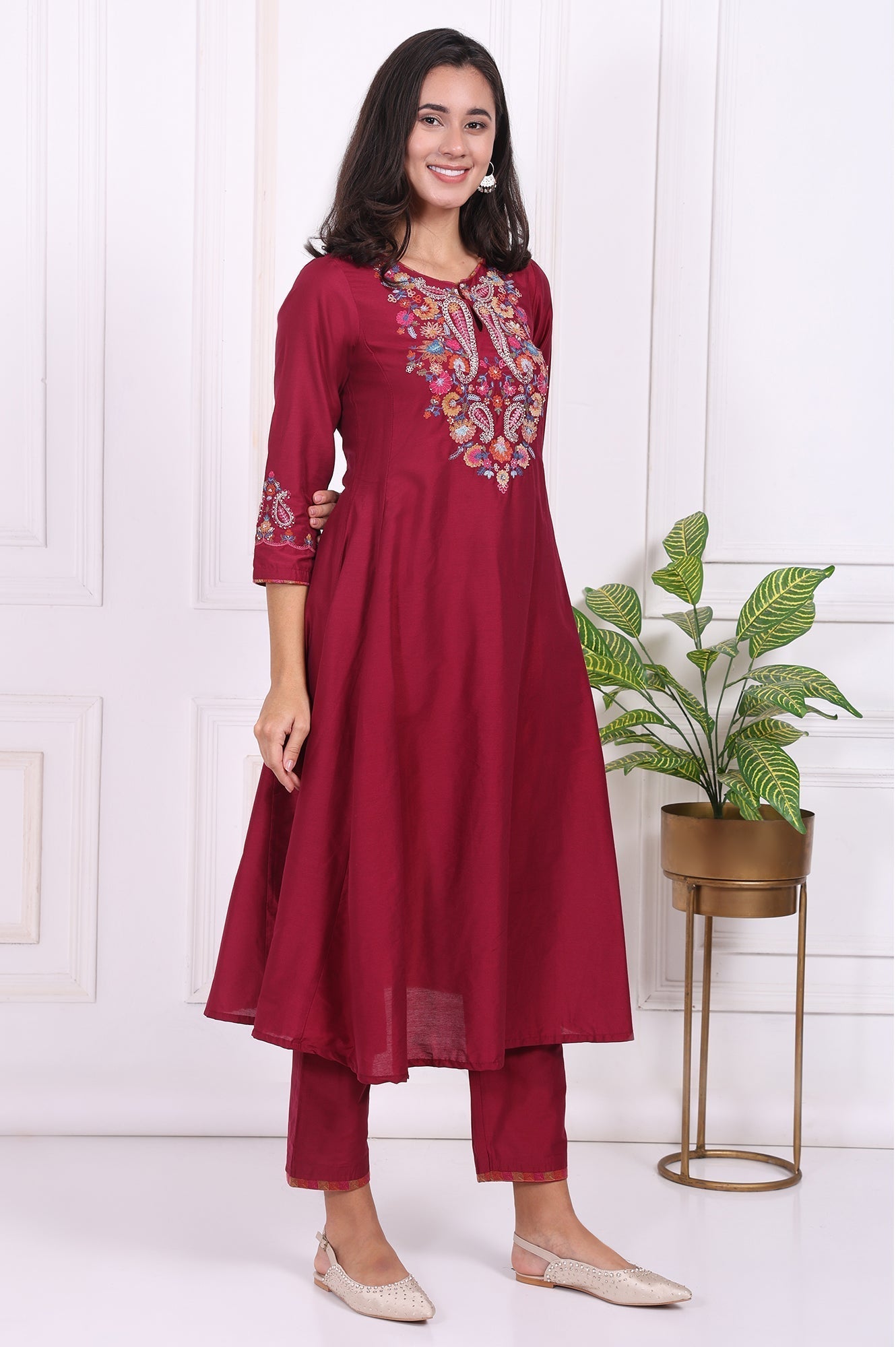W for Woman Maroon Embroidered Flared Kurta