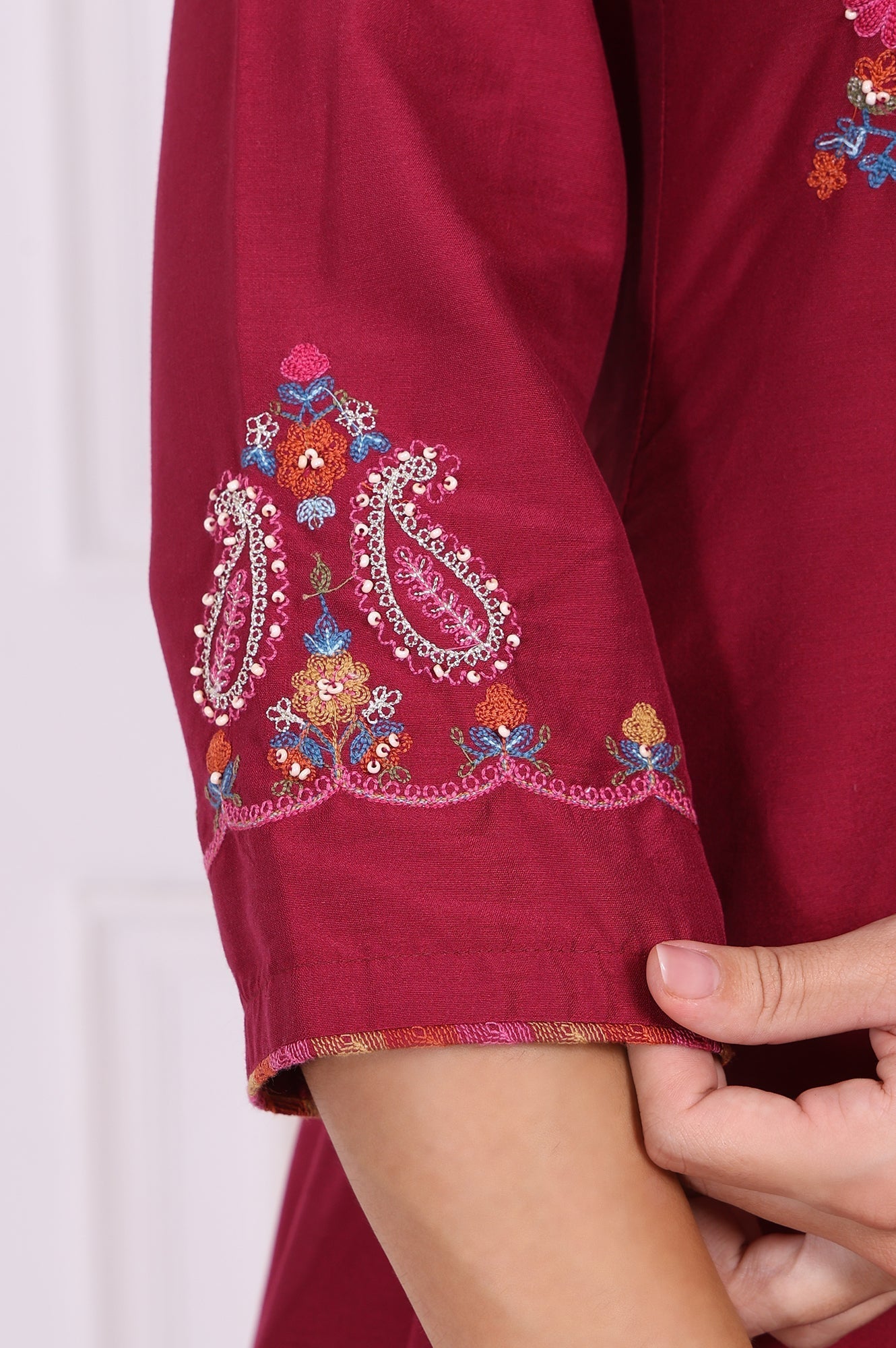 W for Woman Maroon Embroidered Flared Kurta