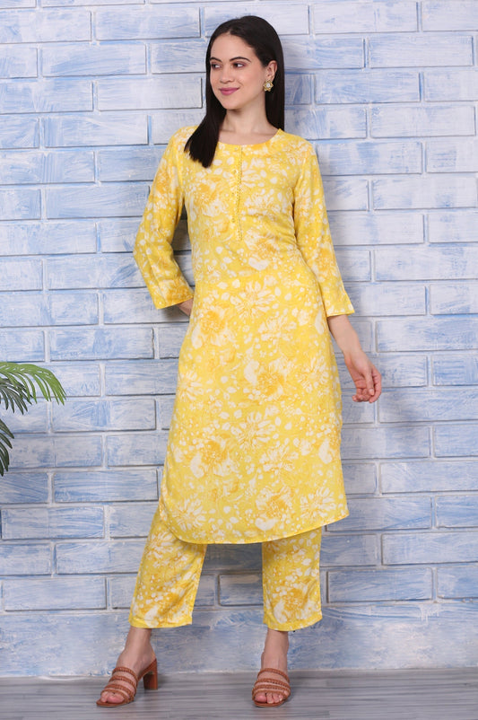 W for Woman Yellow Floral Printed Lace Straight Kurta and Pants Co-ord Set