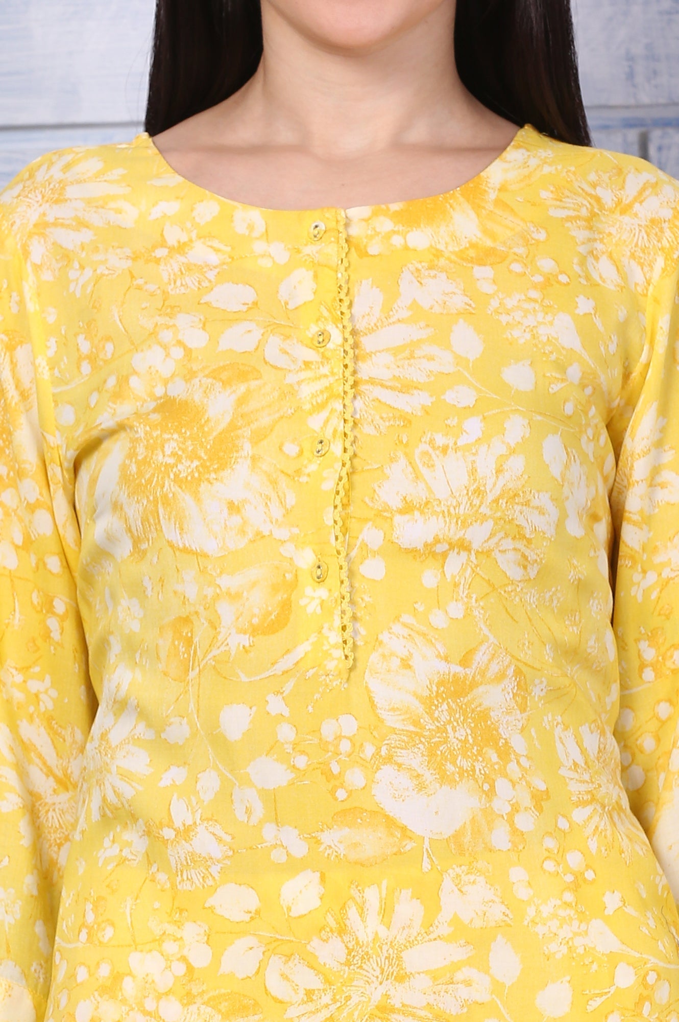W for Woman Yellow Floral Printed Lace Straight Kurta and Pants Co-ord Set
