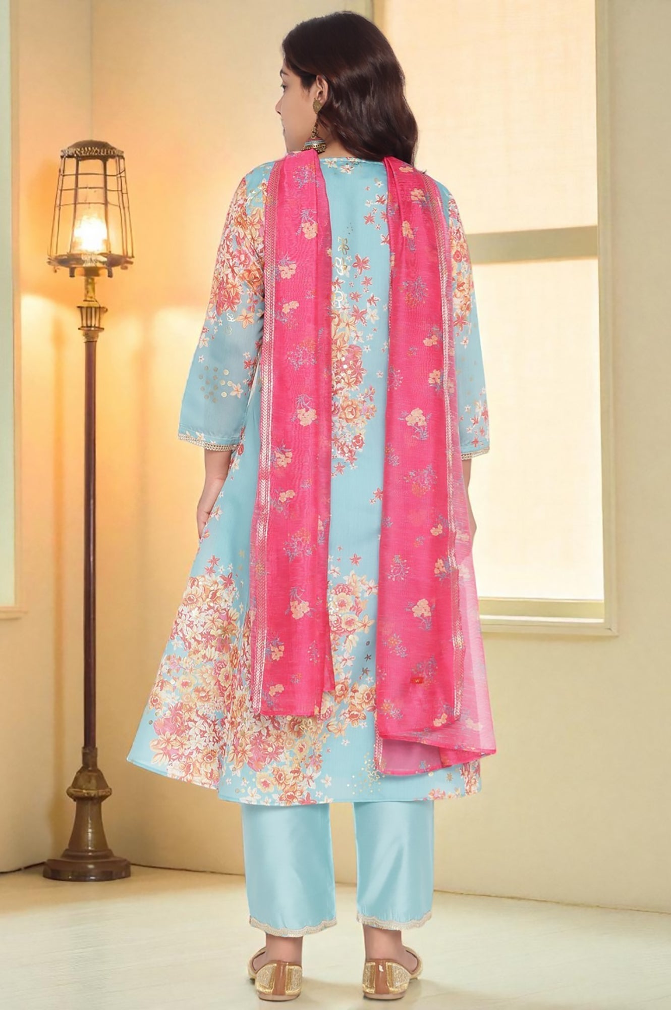 W for Woman Blue Printed Chanderi Flared Kurta, Straight Pant and Dupatta Set