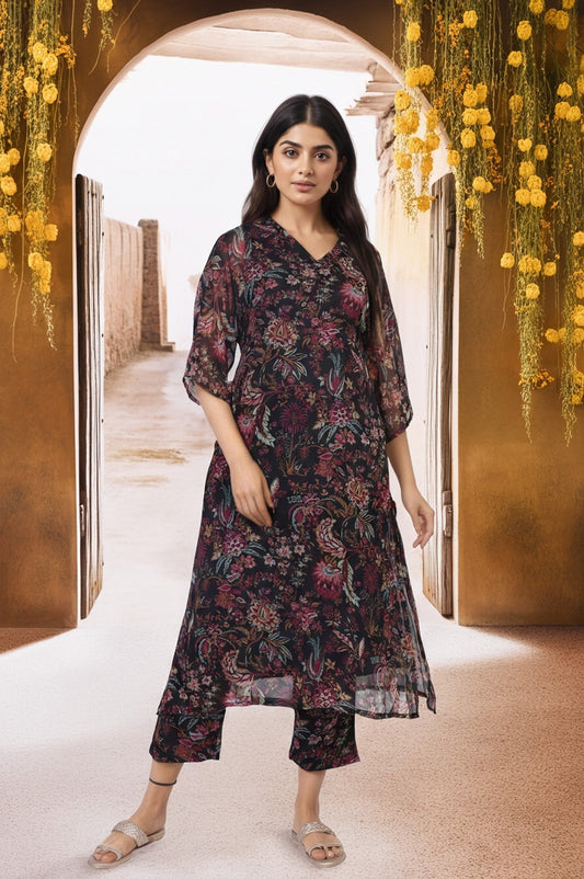 W for Woman Black Floral Printed Embellished A-Line Georgette Kurta with Pant Set