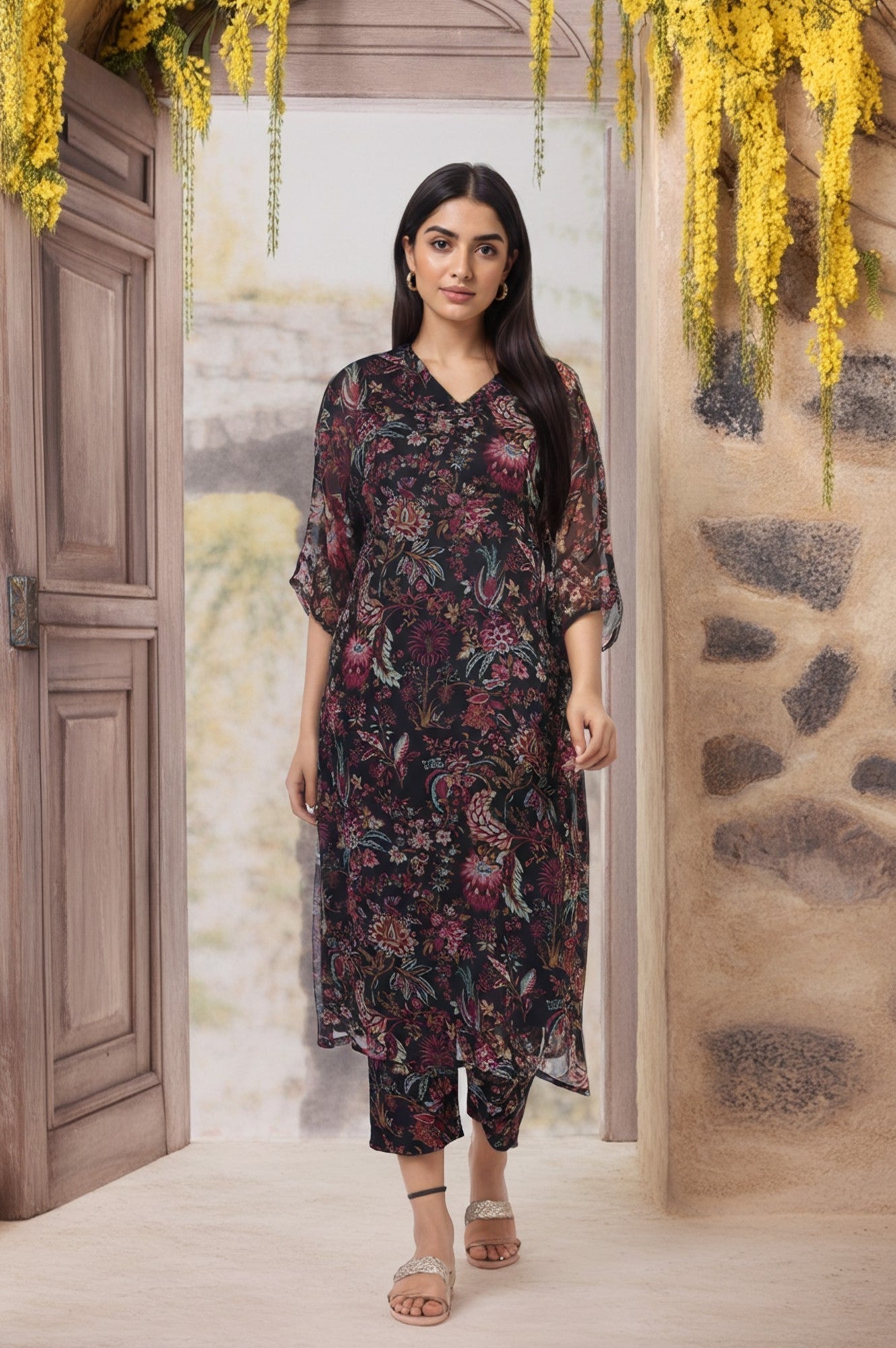W for Woman Black Floral Printed Embellished A-Line Georgette Kurta with Pant Set