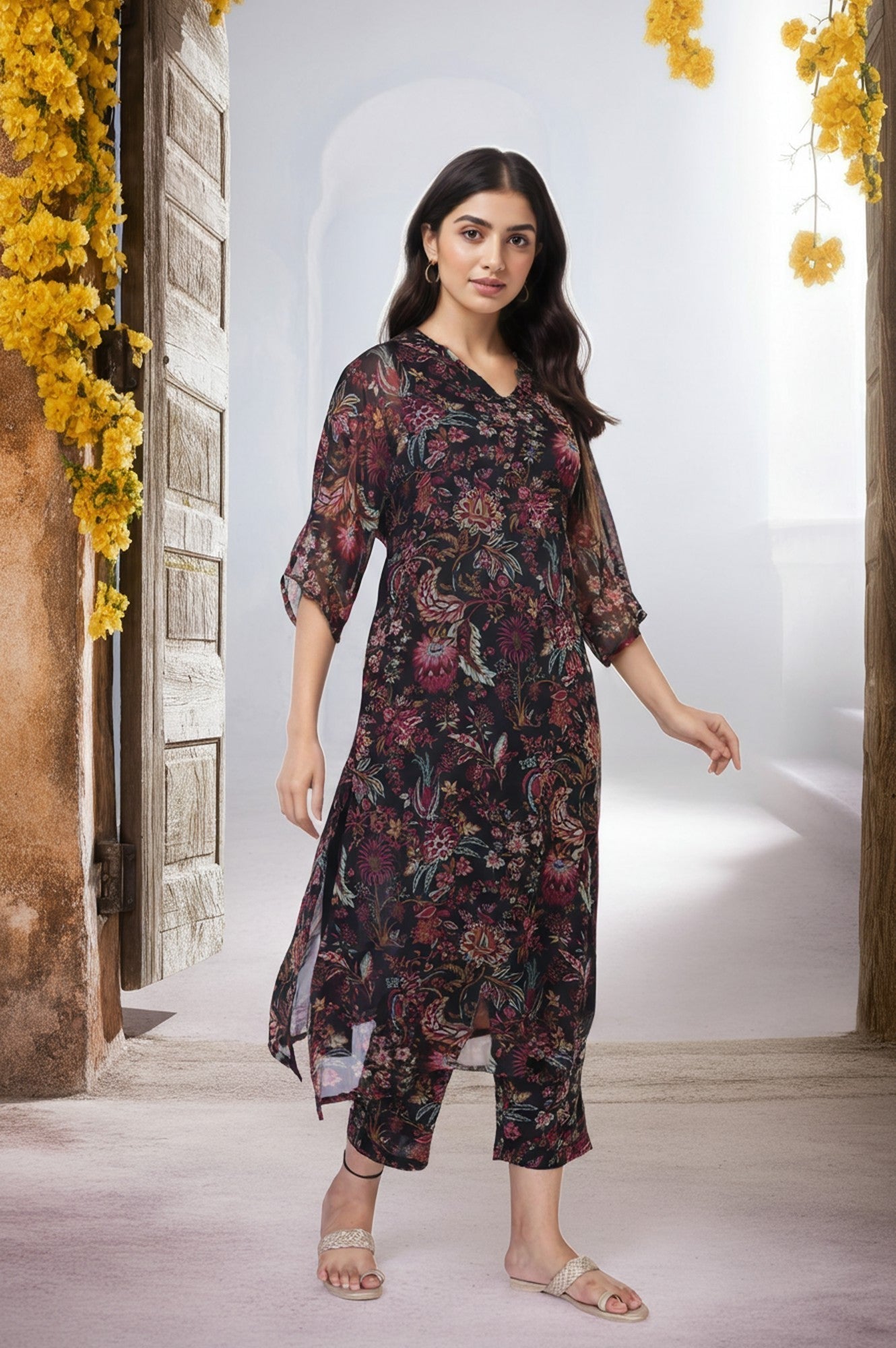 W for Woman Black Floral Printed Embellished A-Line Georgette Kurta with Pant Set