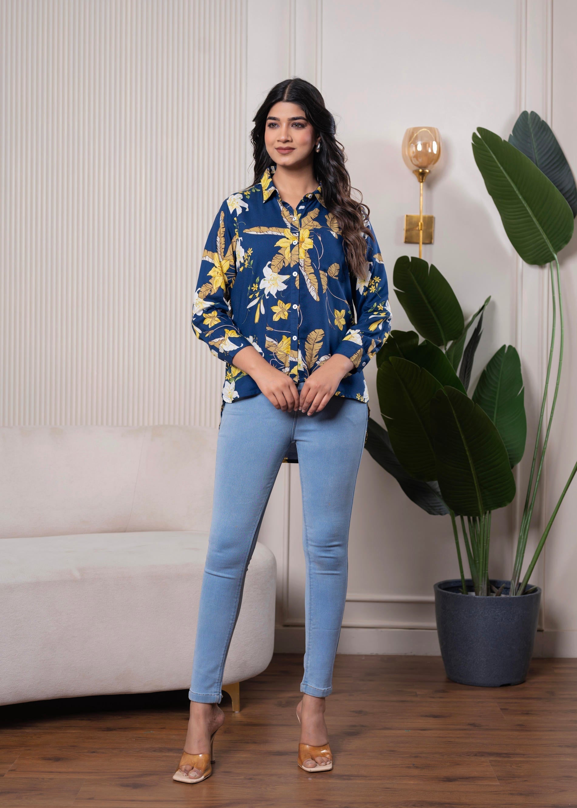 Juniper Lamora Navy Blue Floral Print Long Sleeve Button-Down Shirt