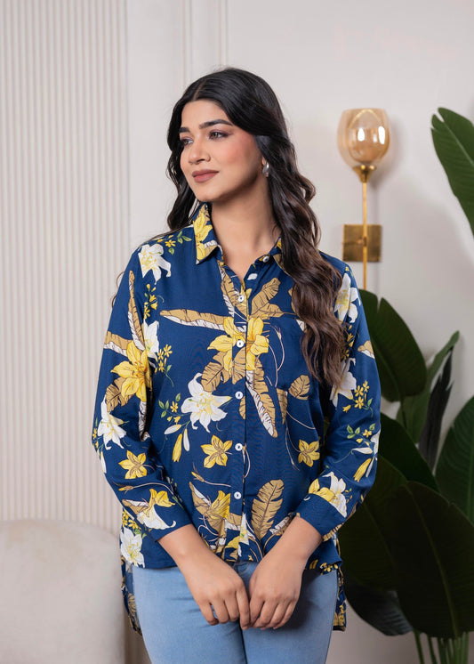 Juniper Lamora Navy Blue Floral Print Long Sleeve Button-Down Shirt