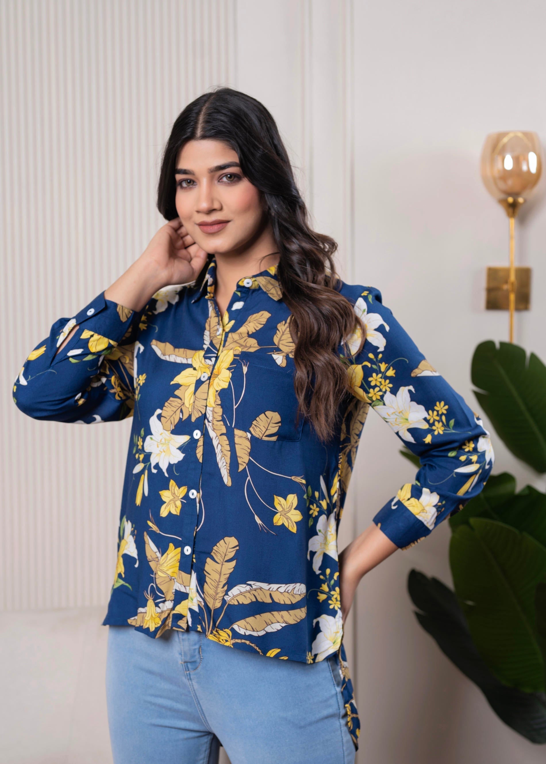 Juniper Lamora Navy Blue Floral Print Long Sleeve Button-Down Shirt