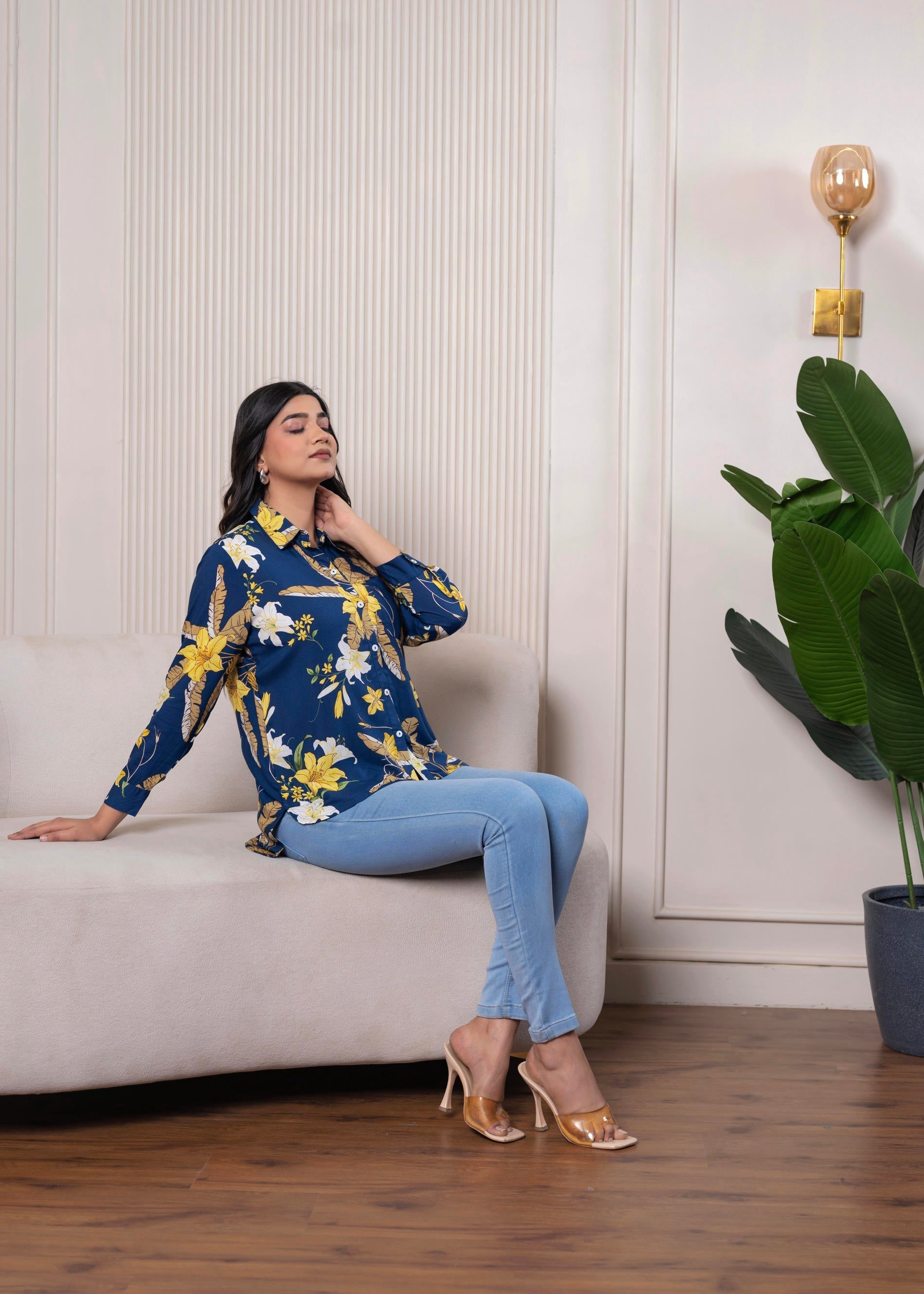 Juniper Lamora Navy Blue Floral Print Long Sleeve Button-Down Shirt