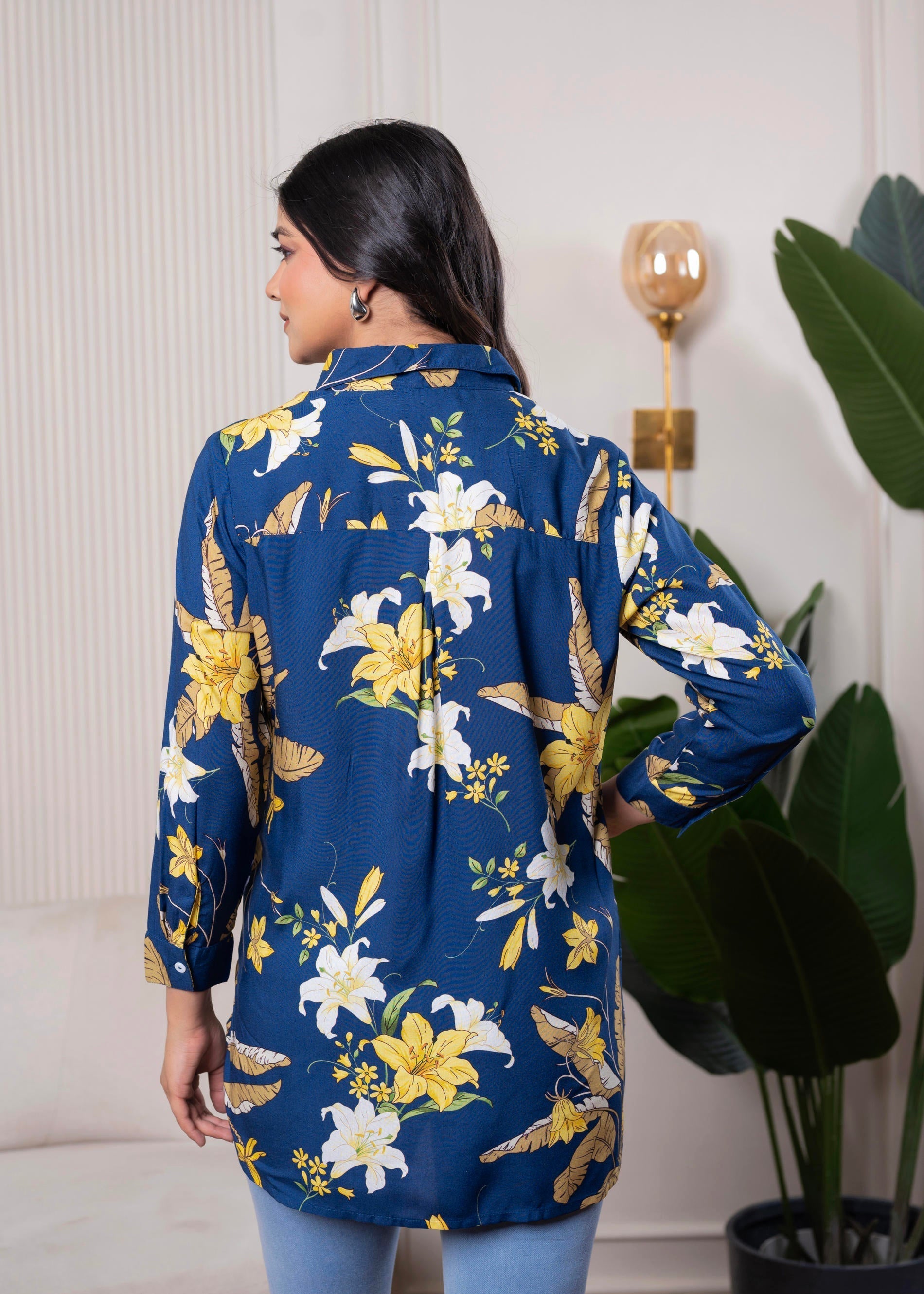 Juniper Lamora Navy Blue Floral Print Long Sleeve Button-Down Shirt