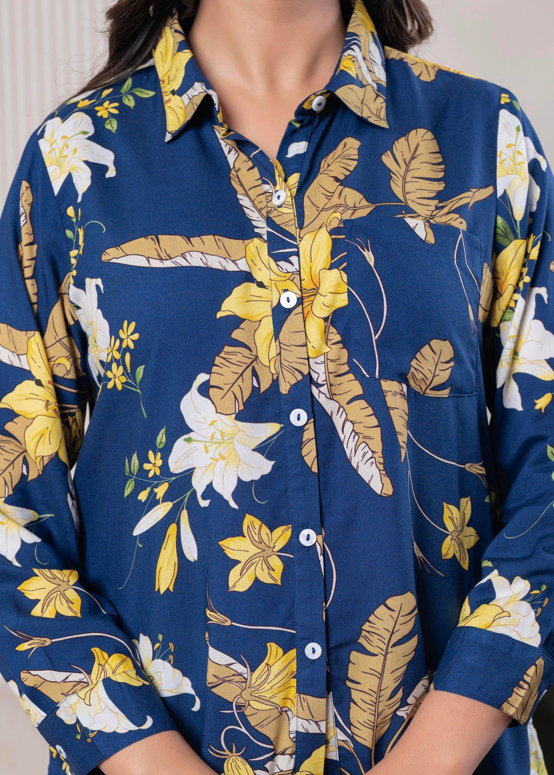 Juniper Lamora Navy Blue Floral Print Long Sleeve Button-Down Shirt