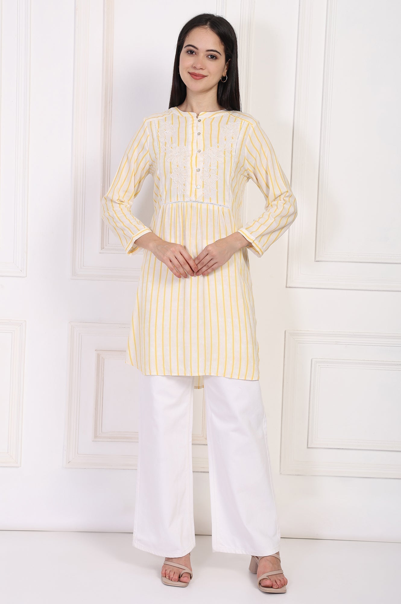 W for Woman Yellow Striped Embroidered Straight Rayon Tunic  Grab2Buy WforWoman Grab2Buy