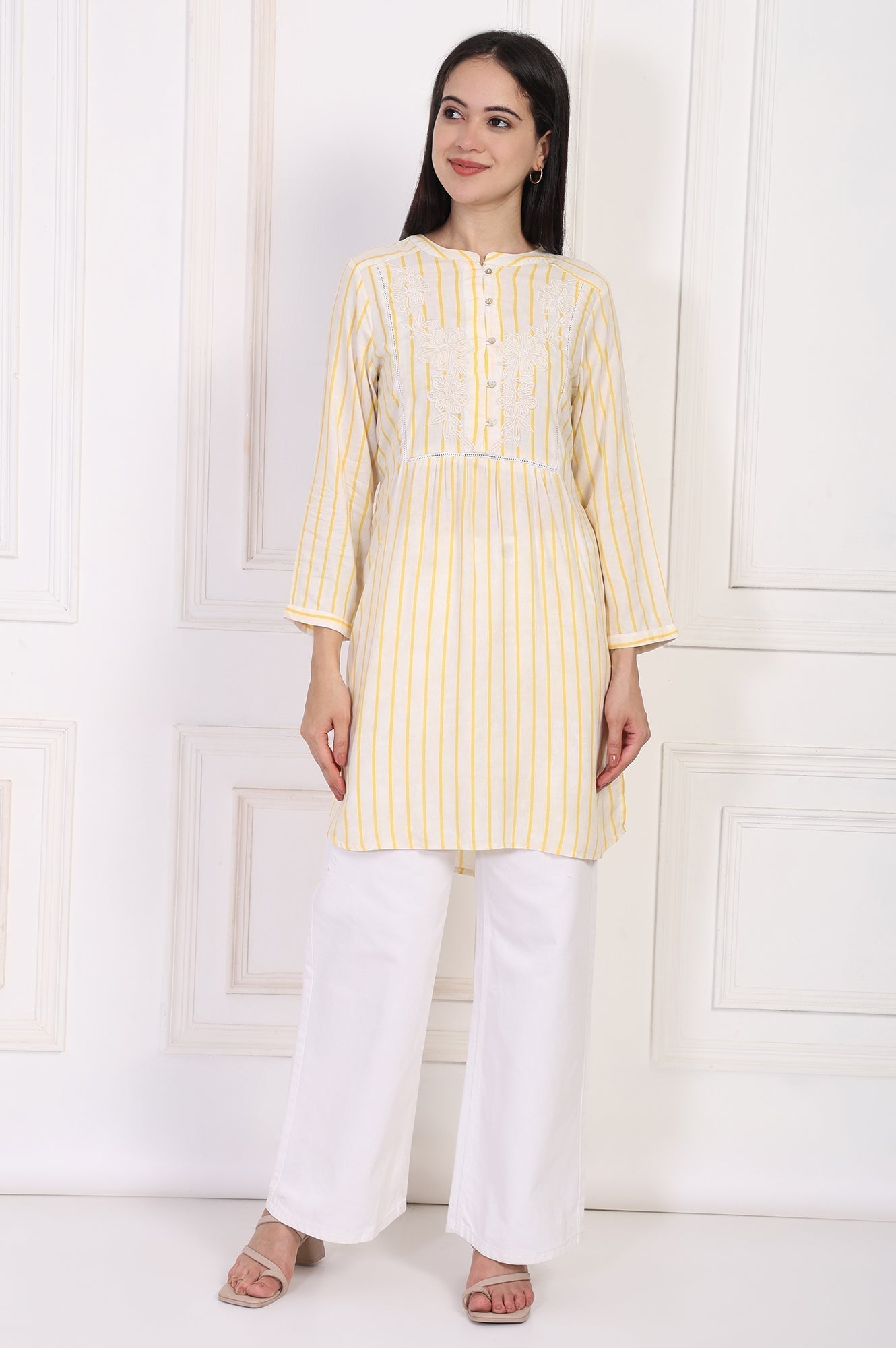 W for Woman Yellow Striped Embroidered Straight Rayon Tunic  Grab2Buy WforWoman Grab2Buy