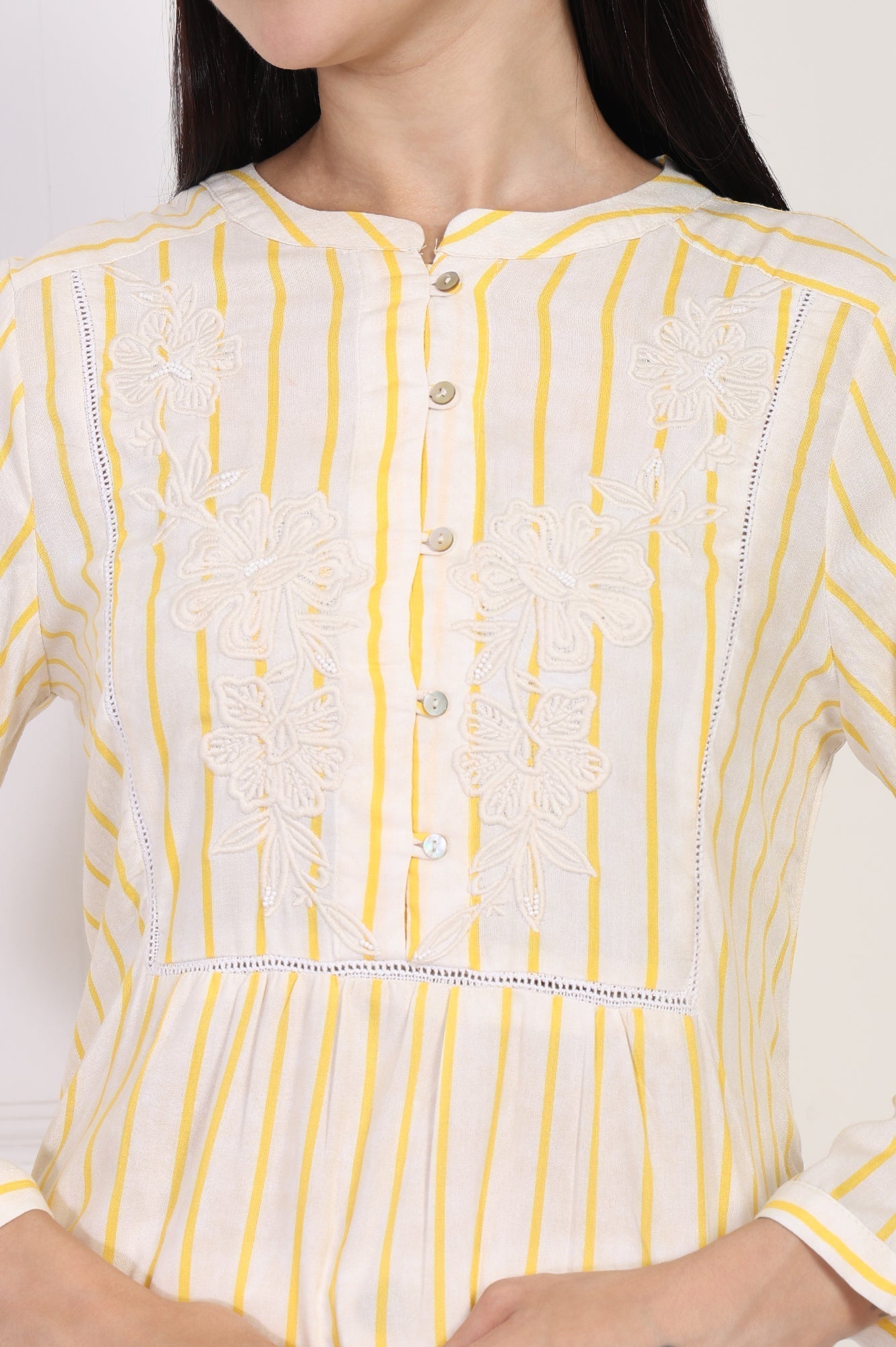 W for Woman Yellow Striped Embroidered Straight Rayon Tunic  Grab2Buy WforWoman Grab2Buy
