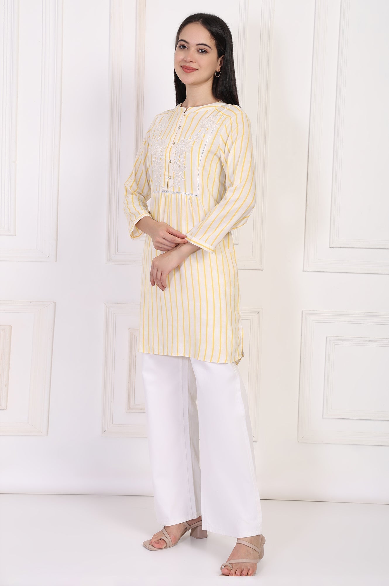 W for Woman Yellow Striped Embroidered Straight Rayon Tunic  Grab2Buy WforWoman Grab2Buy