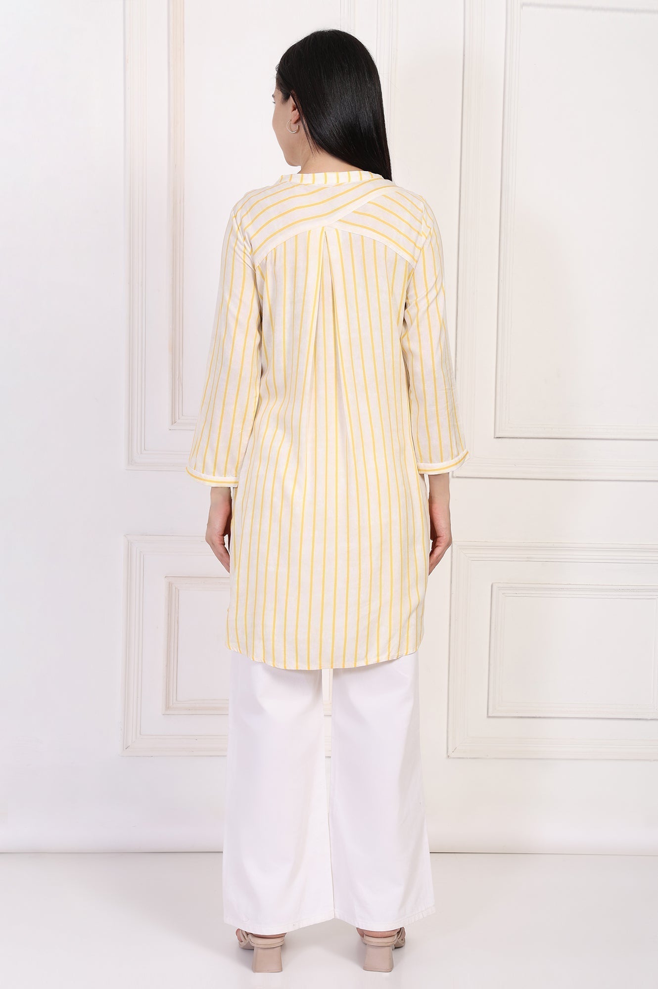 W for Woman Yellow Striped Embroidered Straight Rayon Tunic  Grab2Buy WforWoman Grab2Buy