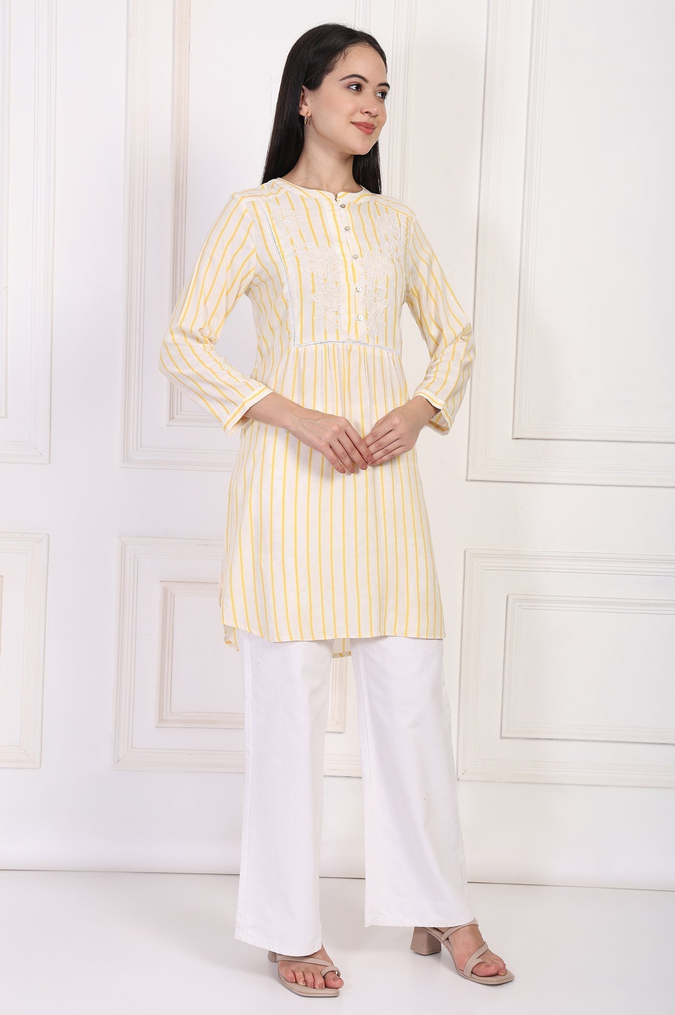 W for Woman Yellow Striped Embroidered Straight Rayon Tunic  Grab2Buy WforWoman Grab2Buy