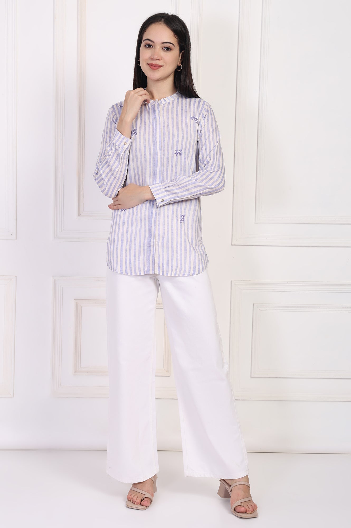 W for Woman White Striped Printed Thread Embroidered Straight Top  Grab2Buy WforWoman Grab2Buy