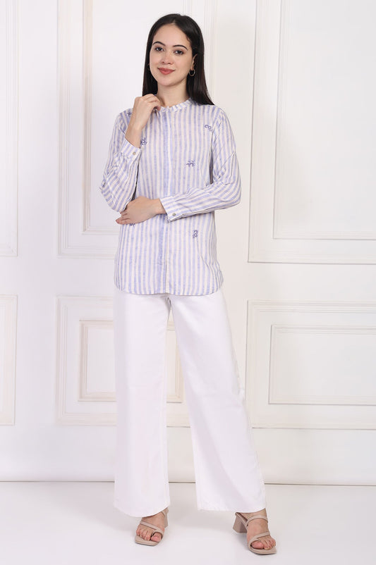 W for Woman White Striped Printed Thread Embroidered Straight Top  Grab2Buy WforWoman Grab2Buy