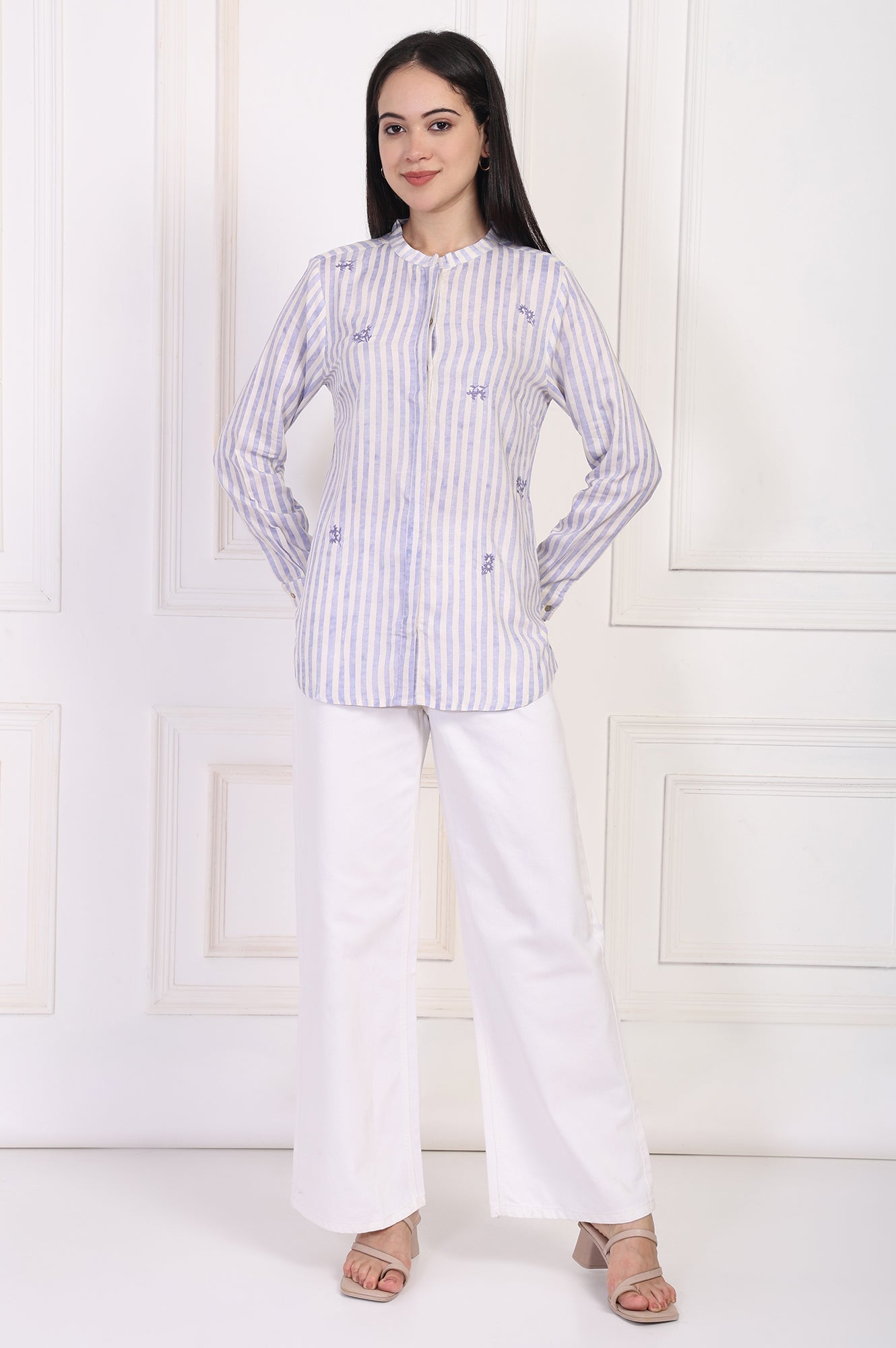 W for Woman White Striped Printed Thread Embroidered Straight Top  Grab2Buy WforWoman Grab2Buy