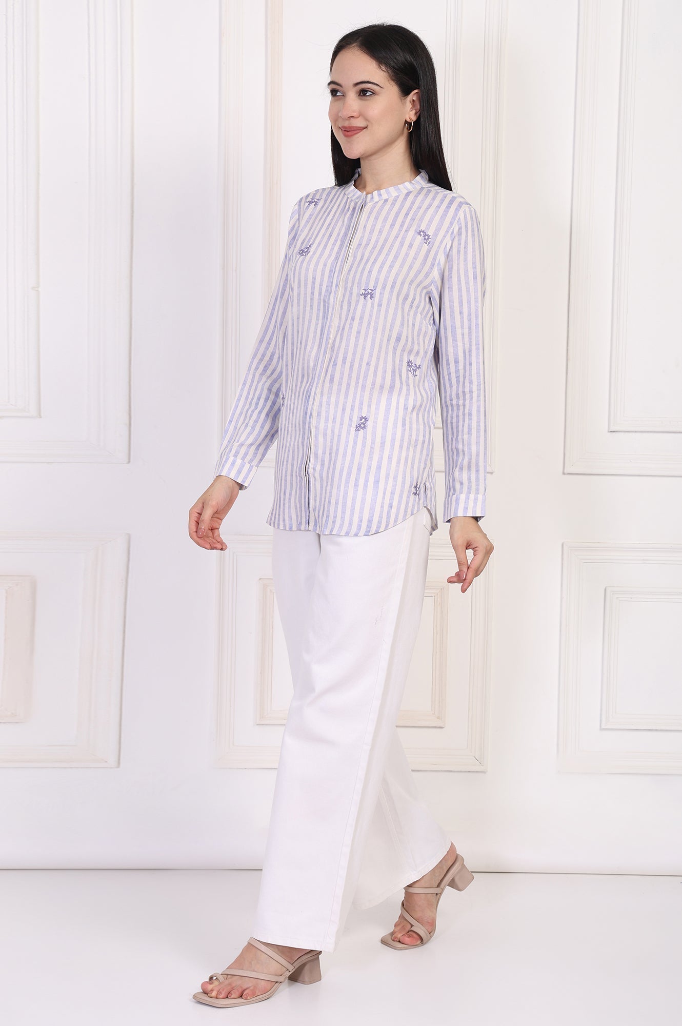 W for Woman White Striped Printed Thread Embroidered Straight Top  Grab2Buy WforWoman Grab2Buy