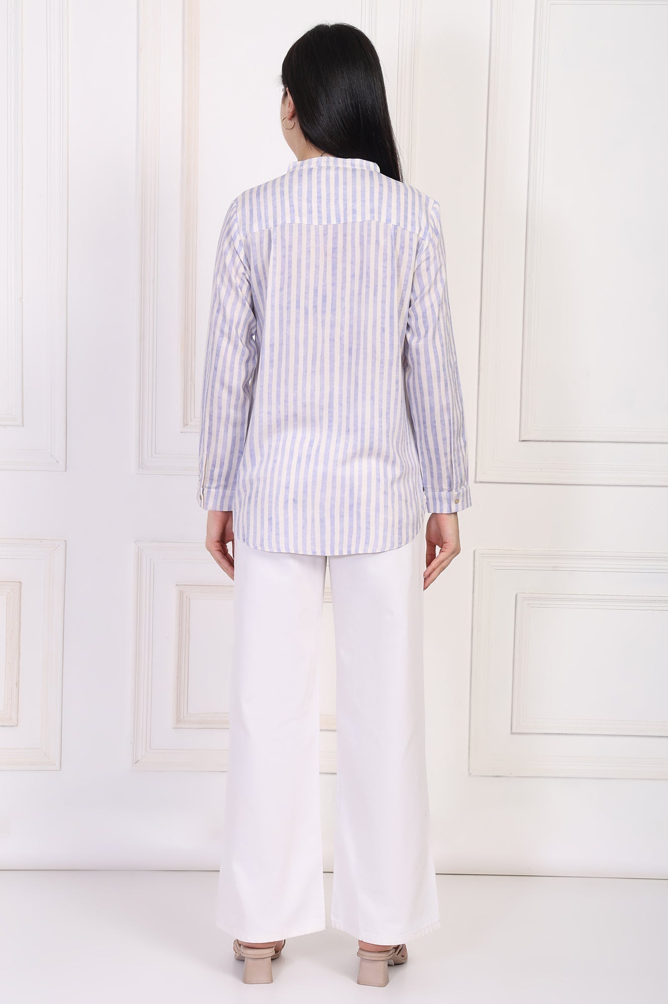 W for Woman White Striped Printed Thread Embroidered Straight Top  Grab2Buy WforWoman Grab2Buy