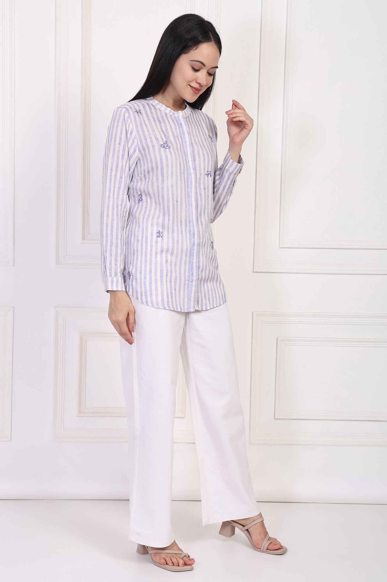 W for Woman White Striped Printed Thread Embroidered Straight Top  Grab2Buy WforWoman Grab2Buy