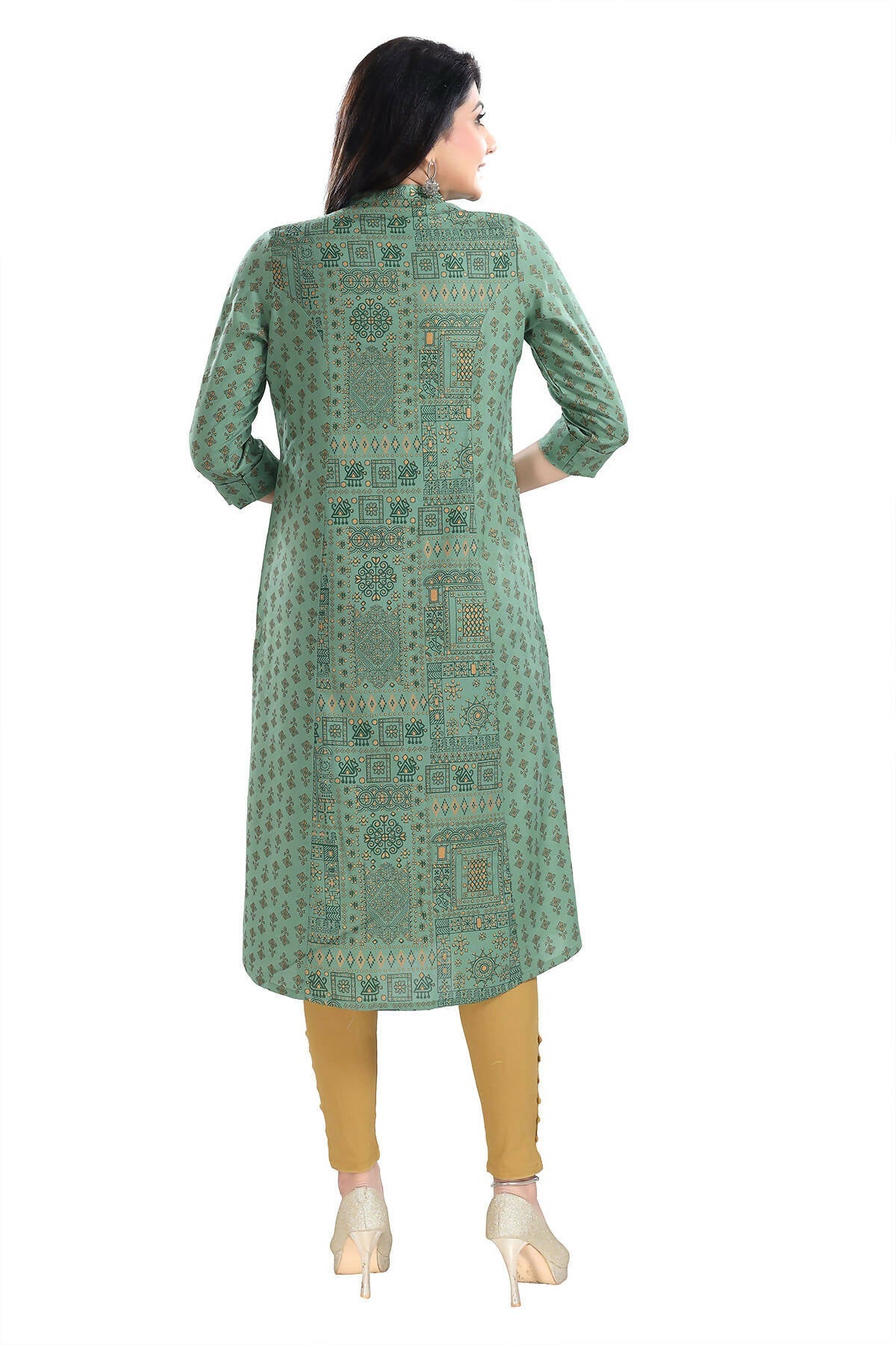 Snehal Creations Pleasing Pista Green Rayon Print Long Kurta For Women