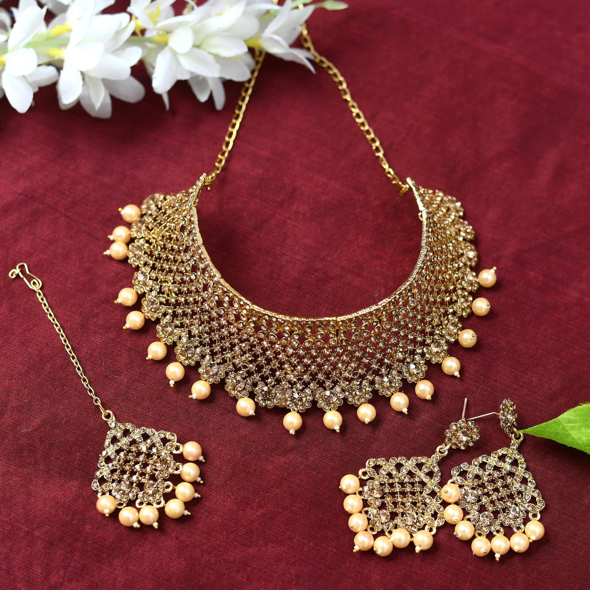 Mominos Fashion Johar Kamal Traditional Rajwadi Design Heavy Golden Color Necklace Set - Grab2buy