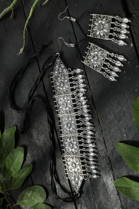 Mominos Fashion Johar Kamal Women Silver-Plated Brass Finish Mirror Work Choker - Grab2buy