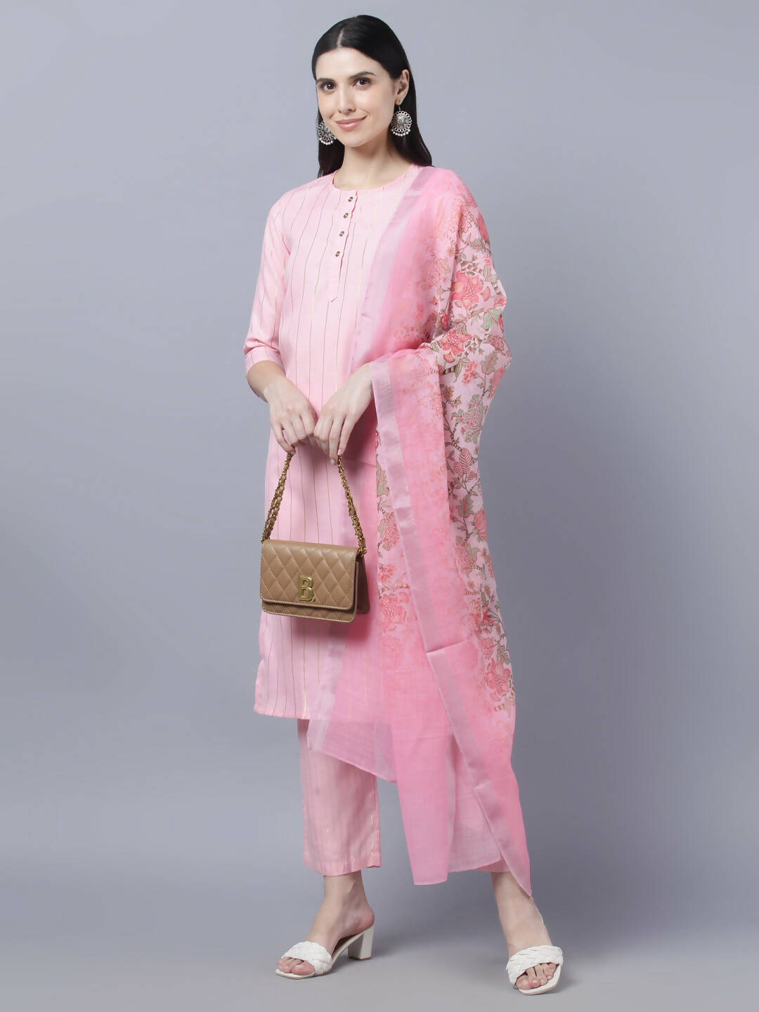 Myshka Women Pink Panelled Pure Cotton Kurta with Trousers With Dupatta Set