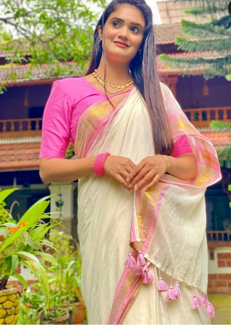 Exclusive Collection Beautiful White Pink Pure Cotton Hand Weaving Handloom Grab2Buy With Running Blouse Piece 