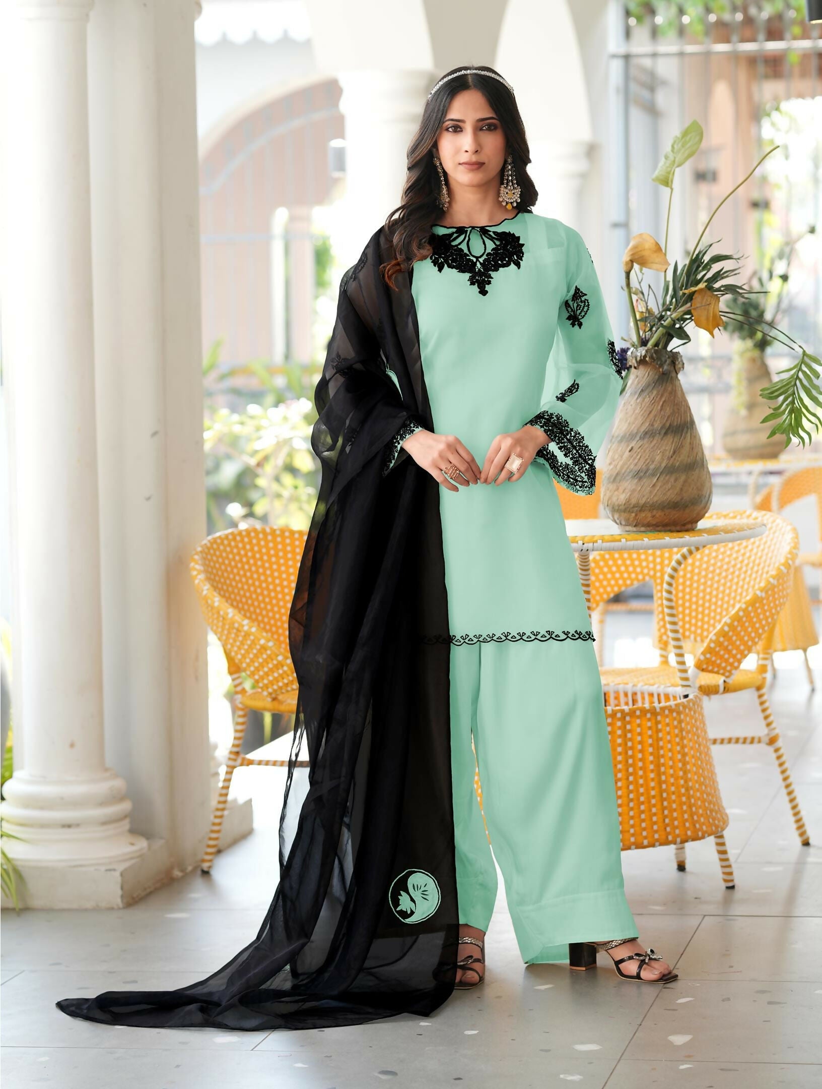 Nikhaar Light Green Embroidered Organza Stitched Straight Cut Kurta Farshi Salwar Dupatta Readymade Suit