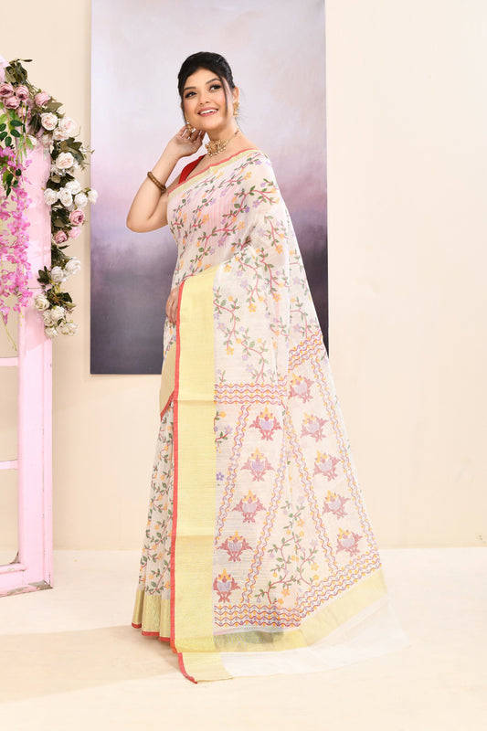 Piyari Fashion Women's White Embellished Cotton Blend Printed Saree