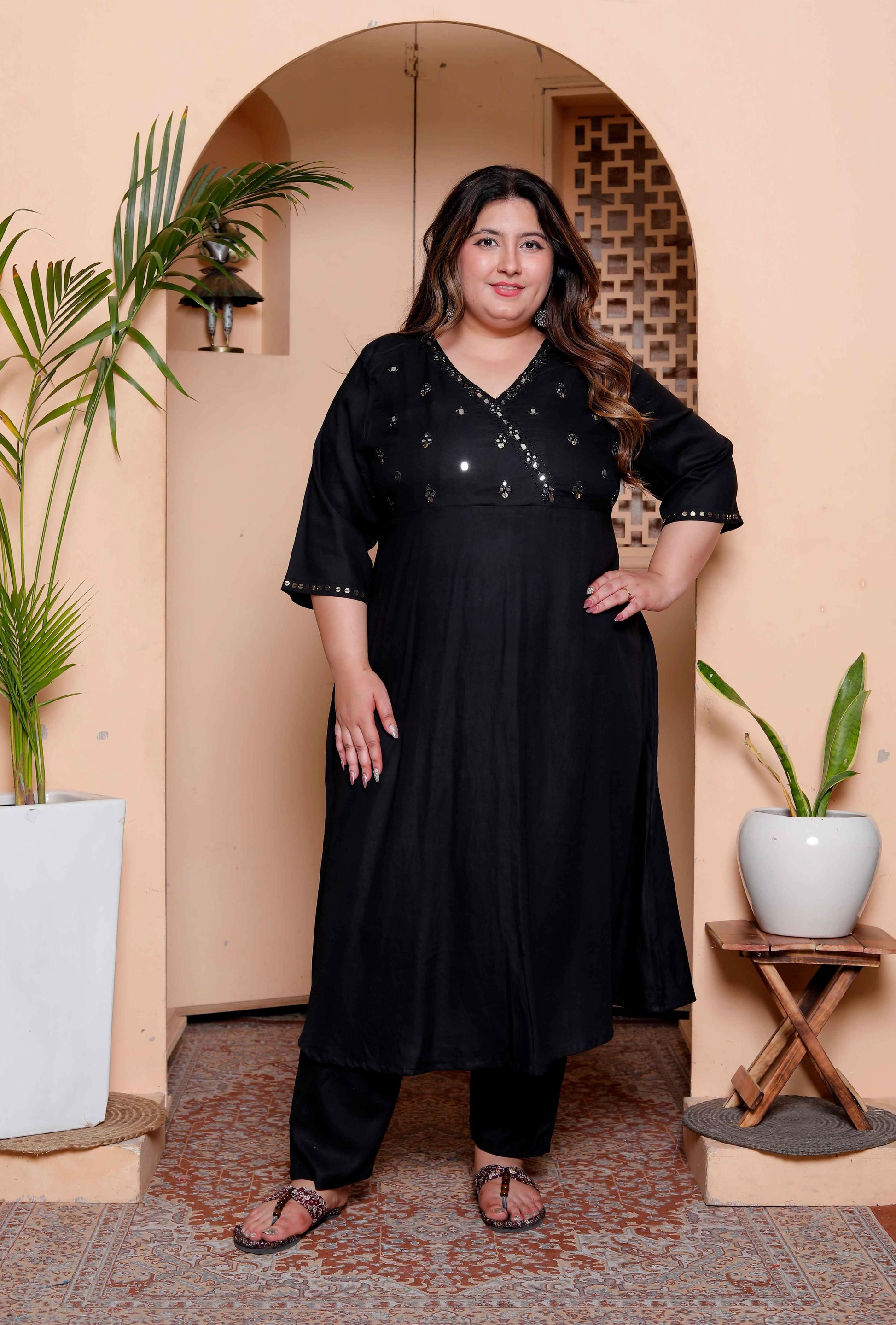 Miravan Womens Plus Size Black Mirror work Angrakha Kurta and Palazzo Set