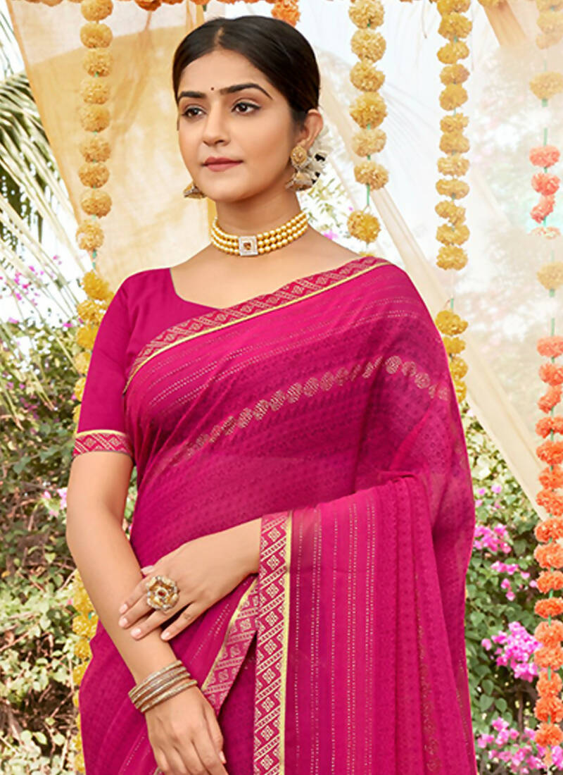 Pink Georgette Foil Printed Saree with Unstitched Blouse Piece - Avika