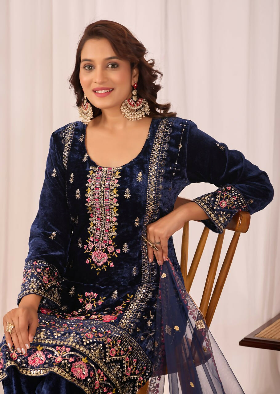 Joban Fashion Blue Velvet Embroidery Sequence Work Readymade Kurta Set
