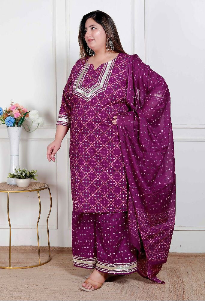 Miravan Plus Size Magenta Embroidered Cotton Kurta With Palazzo And Dupatta