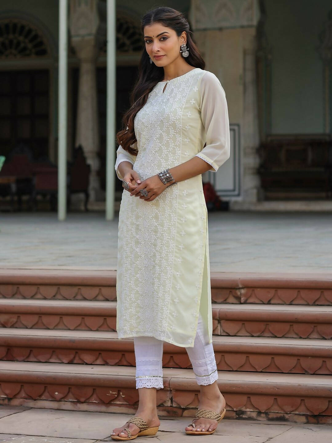 Juniper Women's Lemon Georgette Printed Kurta