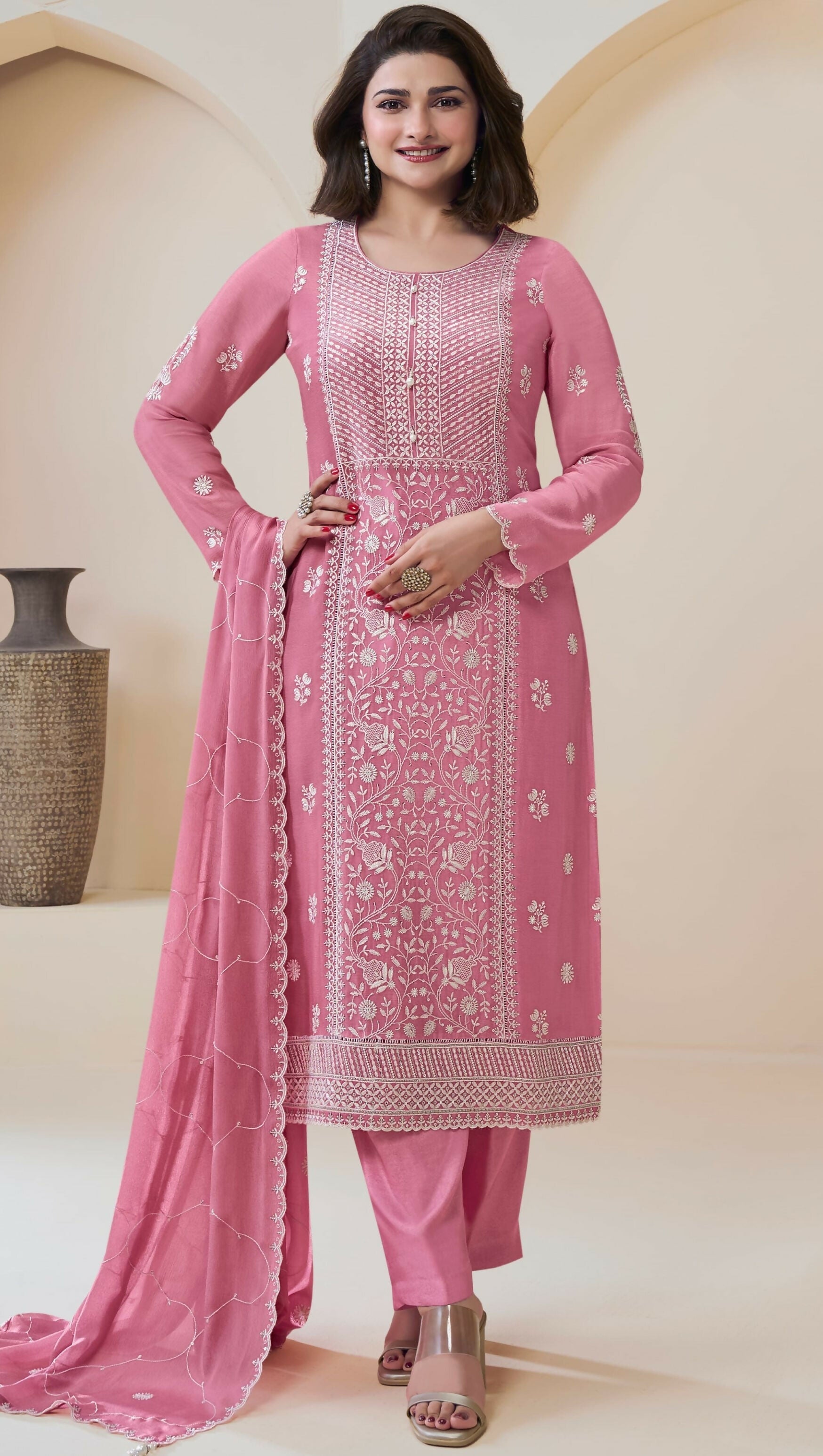 Anaita Light Pink Chinon Embroidered Thread Work Stitched Salwar Suit
