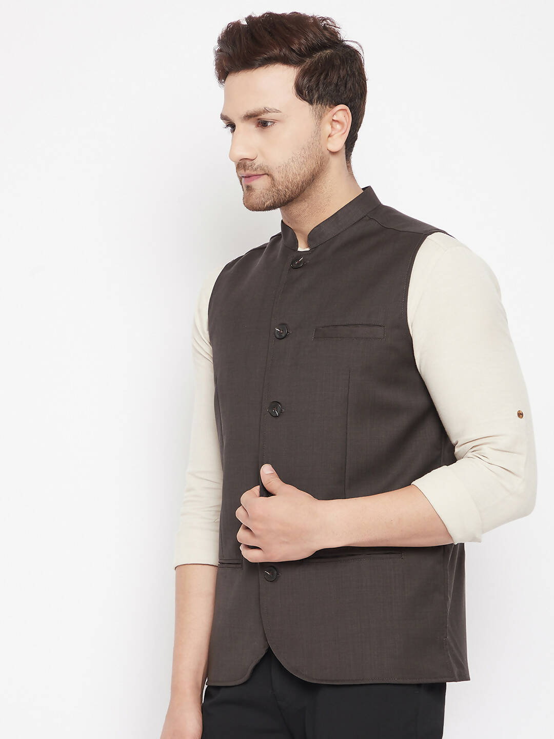 Even Apparels Brown Merino Men Woven Nehru Jacket 