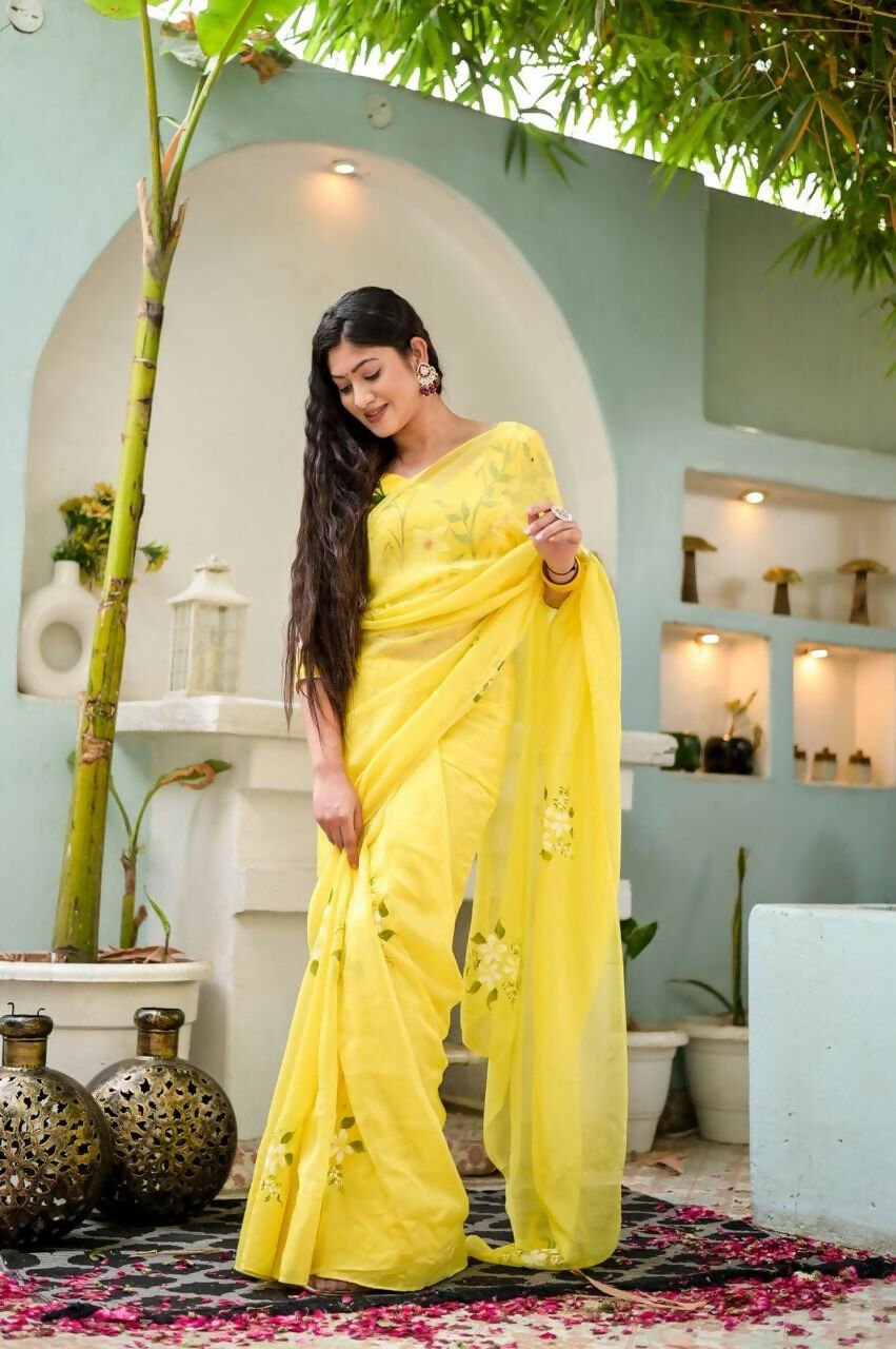 Exclusive Collection Beautiful Yellow Pure Cotton Hand Print Handloom Grab2Buy With Running Blouse Piece 