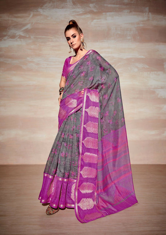 Grey Cotton Floral Printed Saree With Unstitched Blouse Piece - Kathika