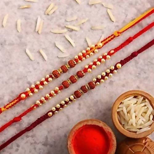 Set of 3 Sleek Rudraksha Rakhi and Almond Treat Chocolate