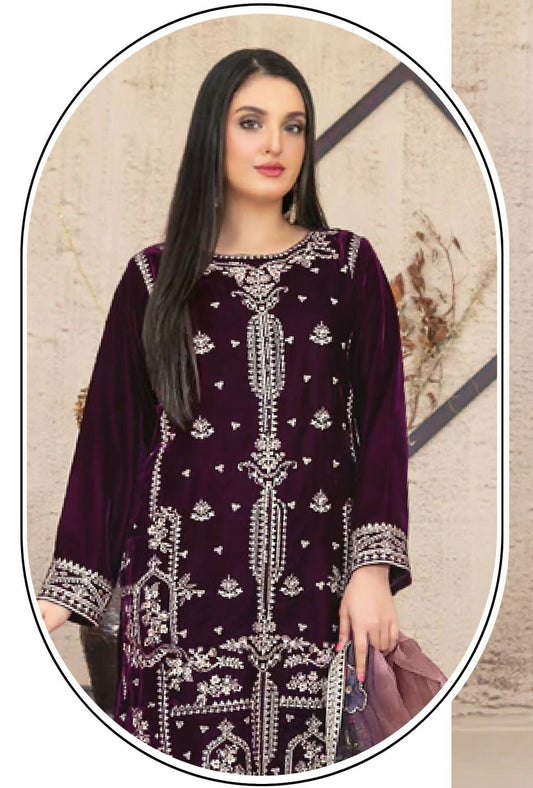 Anaita Purple Velvet Suit with Embroidery Sequence Work 