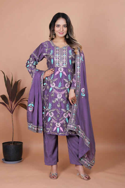 Joban Fashion Purple Silk Embroidered Kurti Set