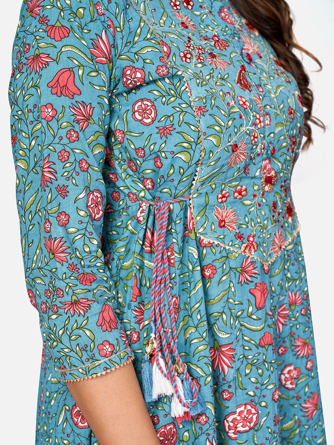 NOZ2TOZ Women's Printed & Embroidered Anarkali Cotton Turquoise Kurta (1Pc) 