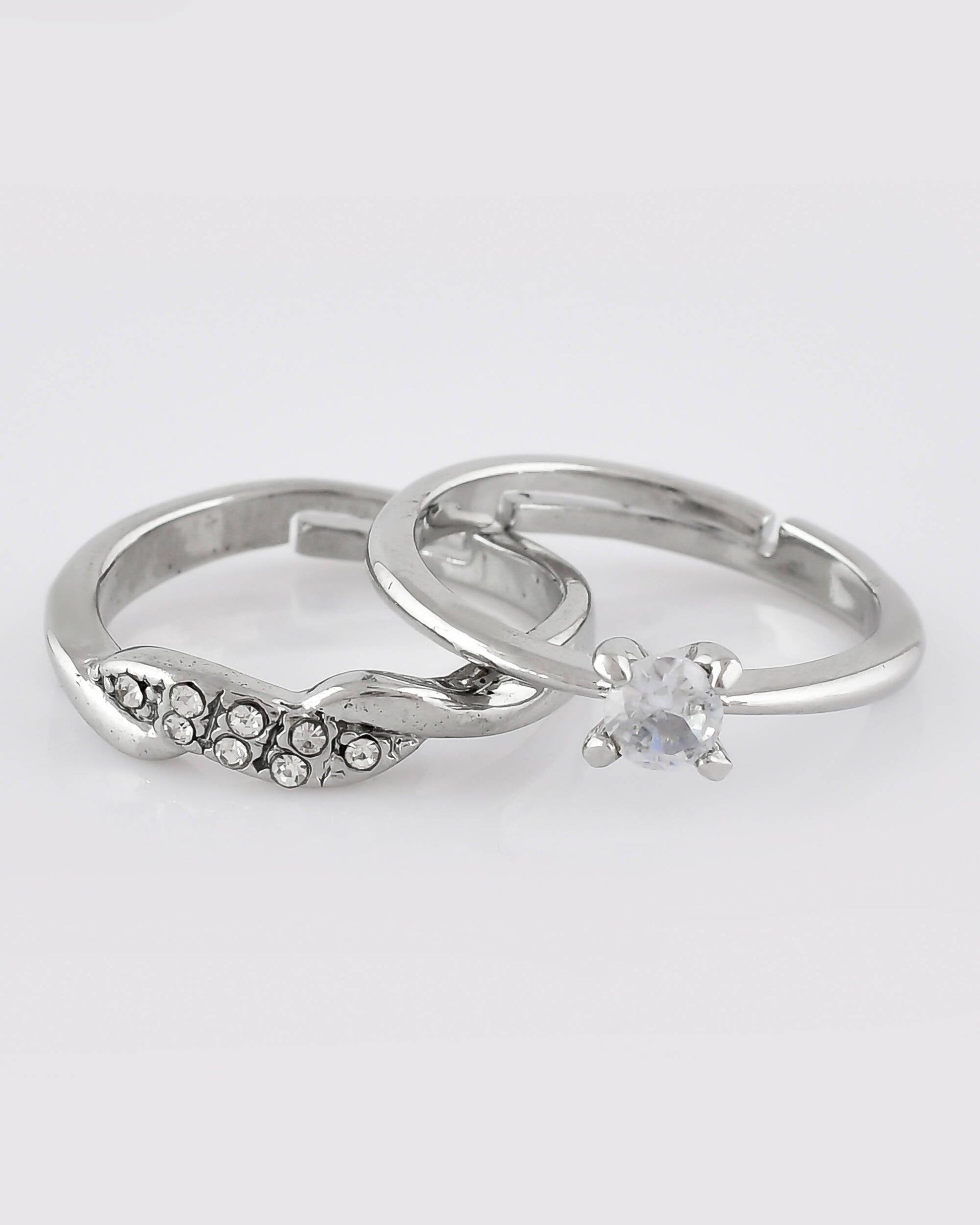 VOJ Stainless Steel Cubic Zirconia Silver Plated Adjustable Ring Set for Couple 